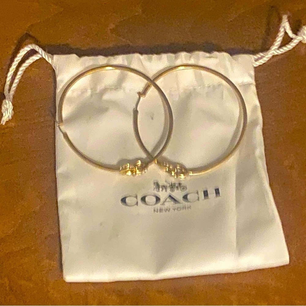 COACH Signature “C” Brass & Crystal Hoop Earrings, EUC - Picture 2 of 13